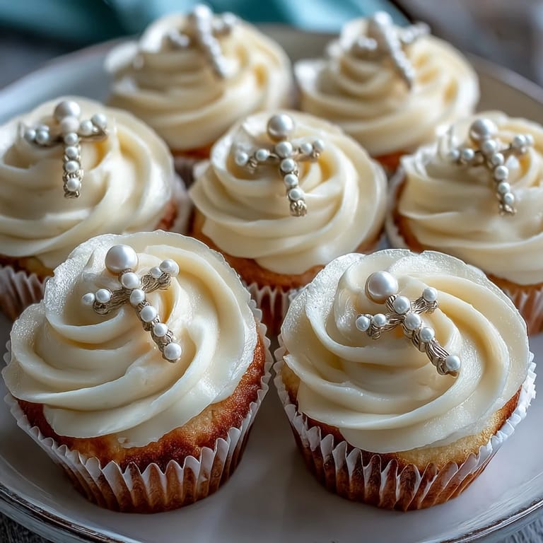 Adorable vanilla mini cupcakes with rosary fondant toppers and buttercream frosting, perfect for First Communion dessert tables.