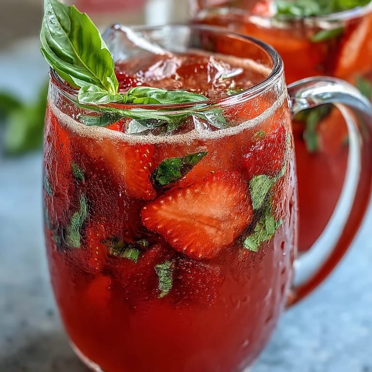 Refreshing strawberry basil lemonade mocktail pitcher, showcasing vibrant red berries, green basil, and zesty lemon slices served over ice in a clear glass container.