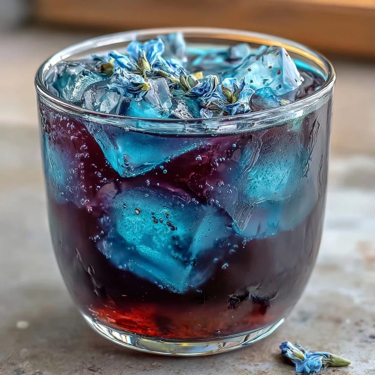 A refreshing color-changing butterfly pea flower lemonade with a stunning purple hue and citrus garnish.