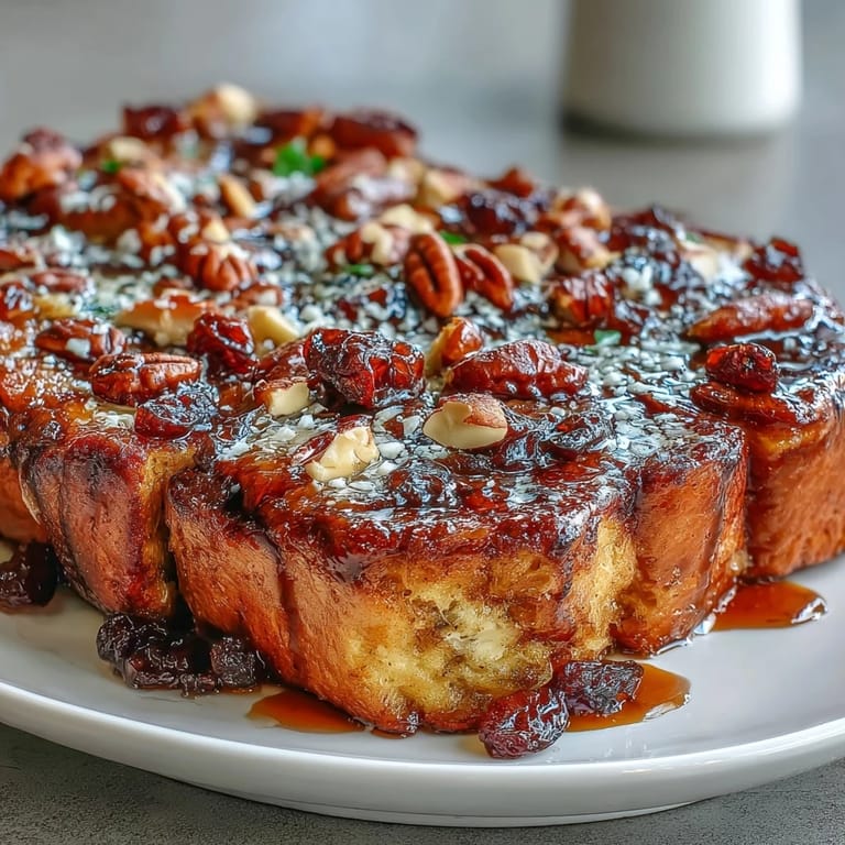 Layers of sweet capirotada Mexicana featuring raisins, nuts, and cinnamon-infused syrup, baked to golden perfection.