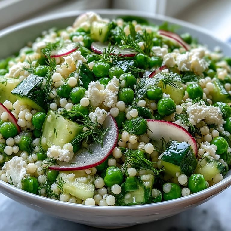 Vibrant Spring Pea and Mint Couscous Salad featuring tender green peas, fresh mint, and fluffy couscous tossed in a zesty lemon-olive oil dressing. This vegetarian Mediterranean side dish combines crisp vegetables and aromatic herbs for a refreshing, healthy option that's ideal for Easter brunches or warm-weather entertaining.