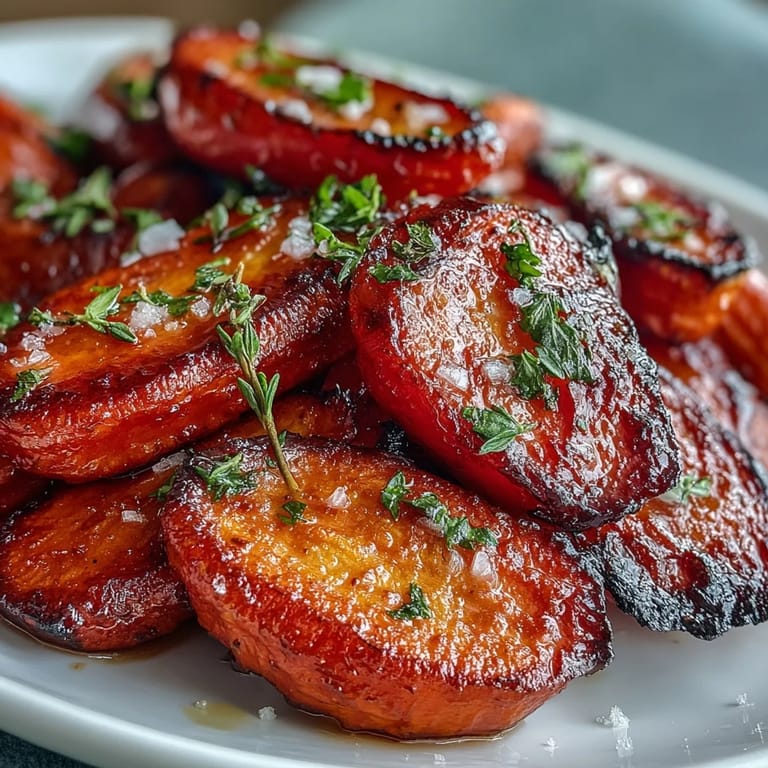 A tray of golden roasted carrots coated in a honey-thyme glaze, perfect for a festive Easter side dish or holiday table.