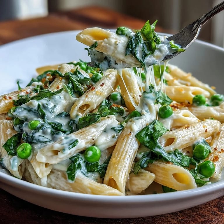 Bright lemon ricotta pasta with tender peas and spinach, garnished with Parmesan and herbs.