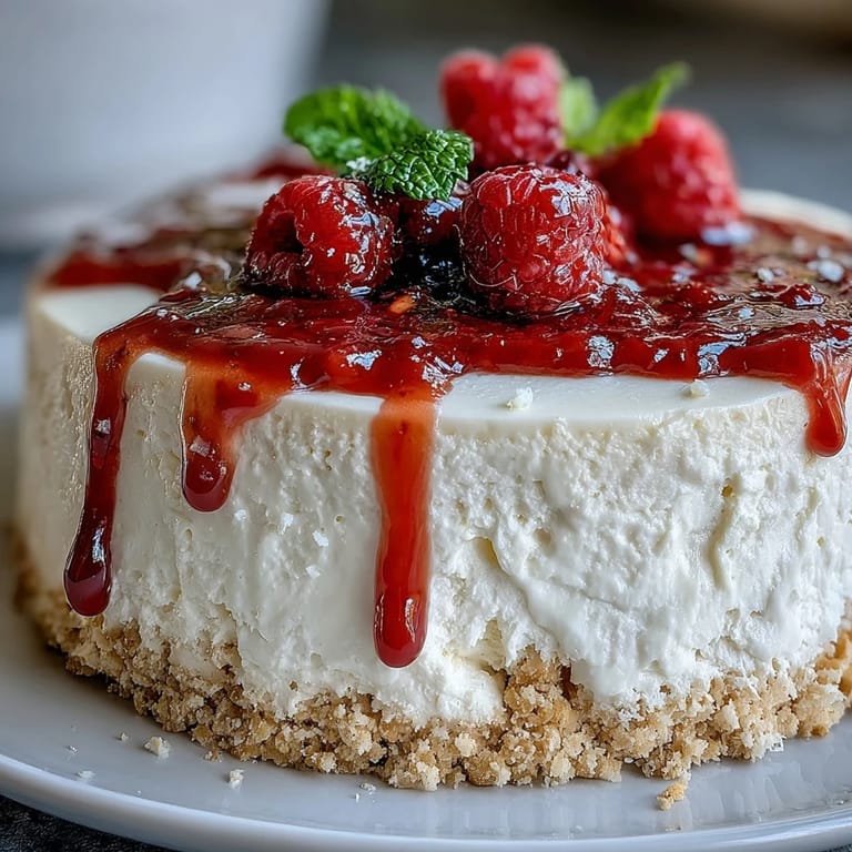 Creamy Mother's Day no-bake cheesecake with a buttery crust and dollops of raspberry sauce.