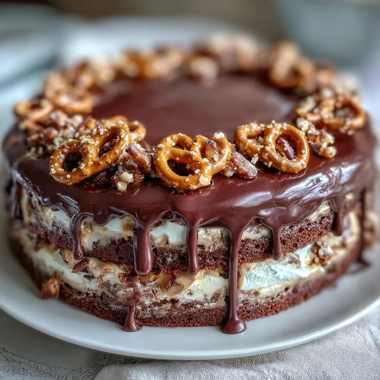 Rich chocolate cake layered with peanut butter filling and crunchy pretzels awaits.