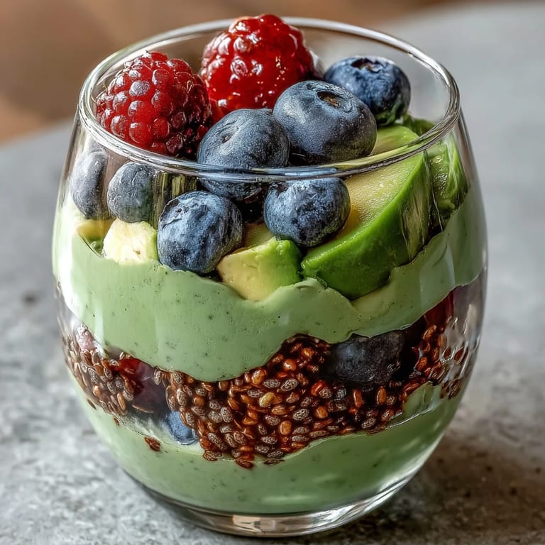 Beautifully presented avocado chia pudding parfait, topped with crunchy granola, a delightful snack.