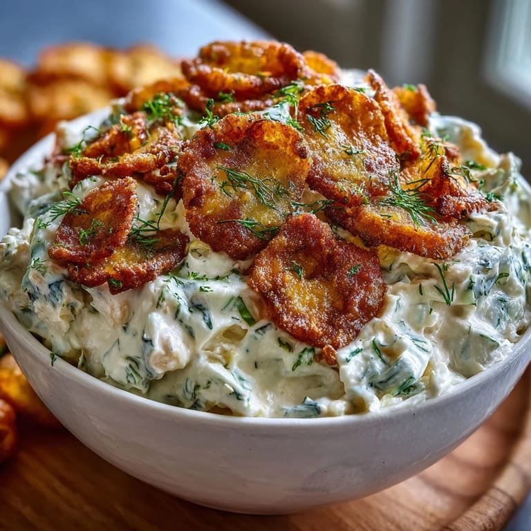 Delectable fried pickle dip topped with crispy pickle chips and green onions.