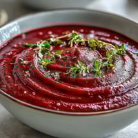 A bowl of creamy roasted beet soup garnished with fresh thyme and a swirl of cream.