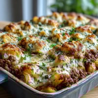 Golden, bubbly mozzarella tops a 9x13 dish of Cottage Cheese Protein Pasta Bake with Ground Beef, served with fresh basil.