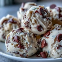 Freshly scooped Greek Yogurt Cookie Dough shows melty chocolate chips in a chilled, creamy mound, ready to eat.