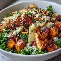 Hearty fall harvest bowl with roasted chicken, sweet potatoes, kale, apples, goat cheese, almonds, and balsamic vinaigrette.