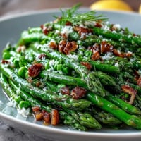Fresh shaved asparagus and pea salad with lemon dressing, a vibrant spring dish with crisp greens and zesty citrus notes.