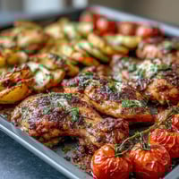 Spring Dinner Sheet Pan Chicken with Zucchini and Cherry Tomatoes - golden chicken breasts roasted with tender zucchini, juicy cherry tomatoes, and red onion, finished with fresh herbs.