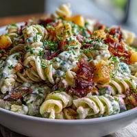 Hawaiian pasta salad with ham, pineapple, and ranch, served in a large bowl with colorful vegetables and creamy dressing.