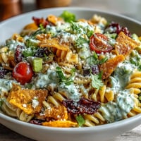 Easy Taco Pasta Salad for Summer Potlucks with colorful rotini, black beans, and fresh veggies in creamy taco dressing.