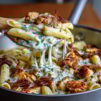 One-pot French onion chicken pasta with caramelized onions and melty Gruyère cheese in a savory broth.