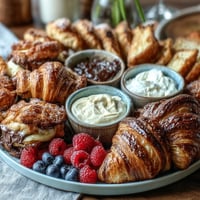 Elegant Mothers Day brunch board with assorted pastries, fresh berries, and mimosas, perfect for a festive morning celebration.