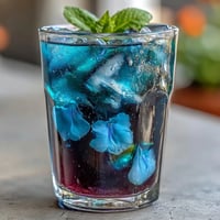A vibrant glass of butterfly pea flower lemonade changing from blue to purple with fresh lemon slices and ice.