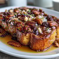 Warm, gooey capirotada Mexicana with toasted bread, piloncillo syrup, and melted cheese, served in a rustic dish.