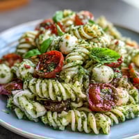 A colorful summer pasta salad with fresh pesto, juicy cherry tomatoes, and creamy mozzarella balls—ideal for picnics or light lunches.