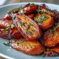 Honey Glazed Roasted Carrots with Thyme, glistening with sweet honey and fresh thyme, roasted until tender and caramelized.