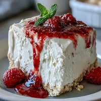 Luscious Mother's Day no-bake cheesecake topped with vibrant, homemade raspberry coulis.