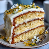 Mother's Day Lemon Curd Layer Cake with Edible Flowers: A stunning lemon sponge cake filled with tangy homemade lemon curd and adorned with delicate edible flowers for a festive dessert centerpiece.