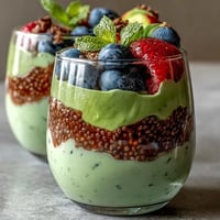 Creamy avocado chia pudding parfait with vibrant berry layers, a healthy breakfast treat.