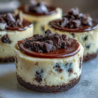 Decadent mini cheesecake bites with Oreo crust, topped with chocolate chips.
